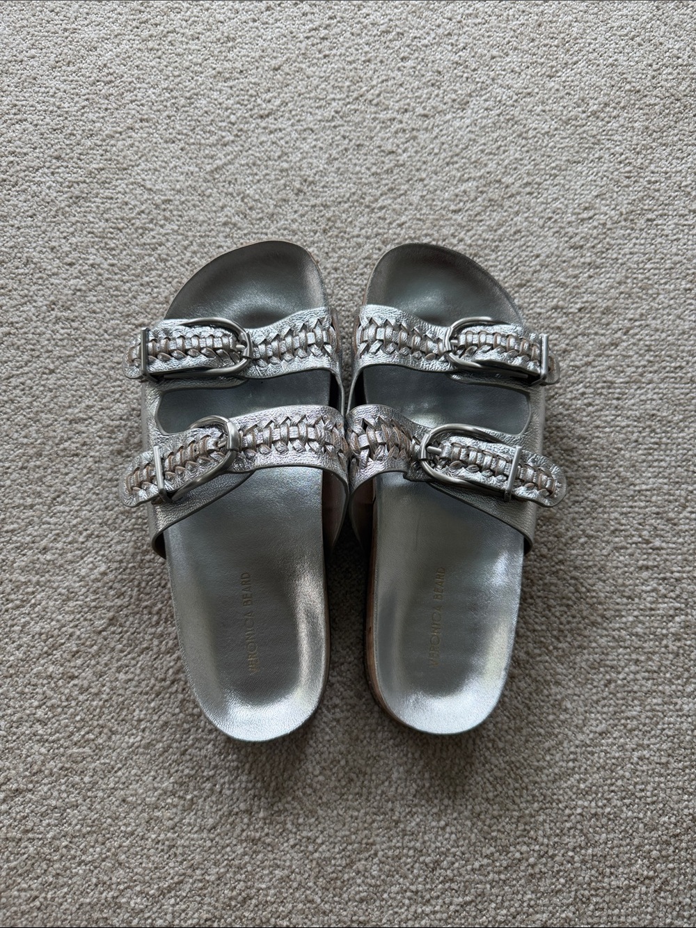 Veronica Beard size 9 Women's Metallic Silver Braided Buckle Slide Sandals